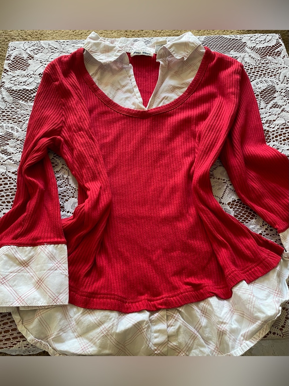 Petite Sophisticate Red Layered-Look Knit Top with Shirt Detail